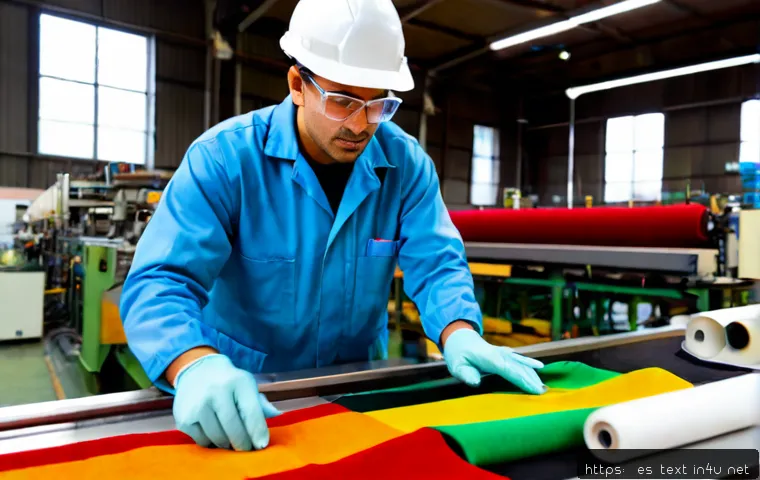 섬유기사 자격증과 관련 산업 - Photorealistic textile quality-control technician in a modern Spanish textile mill, wearing safety g...