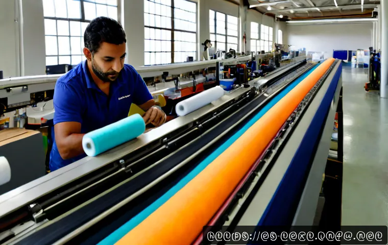 섬유기사와 관련 직업군의 전망 - Photorealistic textile engineer in a modern Spanish textile manufacturing facility, carefully inspec...