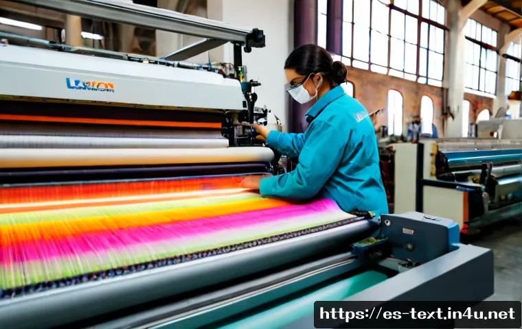 섬유기사와 업계 주요 기술 - Photorealistic textile engineer in a modern Spanish textile mill, wearing clean protective eyewear a...