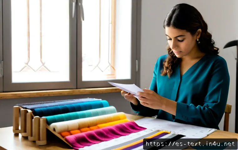 섬유기사 필기시험 예상 문제 - Photorealistic Spanish textile technician exam preparation scene, focused adult student in a bright ...