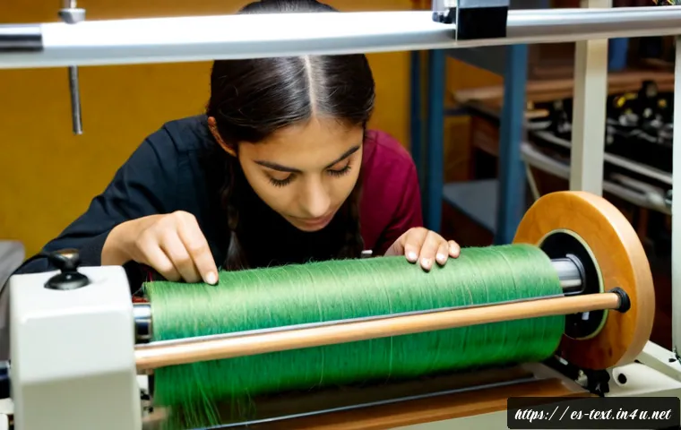 섬유기사 실기 시험의 어려운 점 - Photorealistic practical textile technician certification exam in a Spanish vocational workshop, foc...