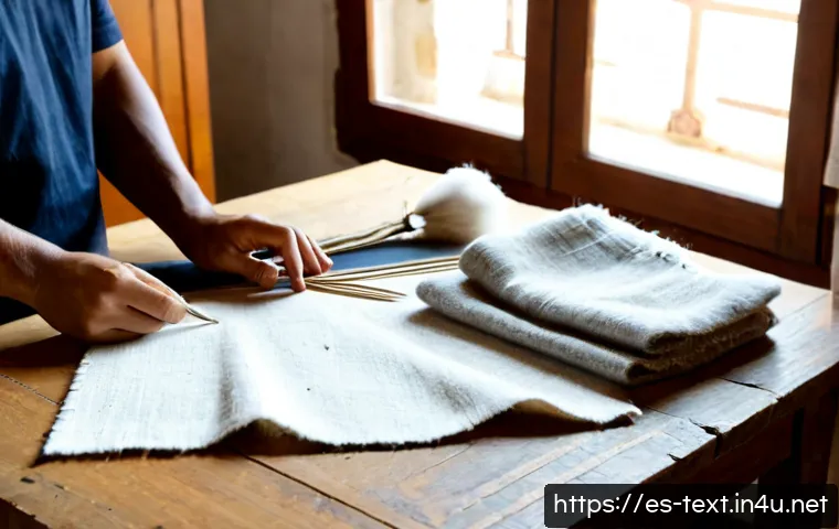 섬유기사와 천연섬유 특성 - Photorealistic textile engineer in a bright Spanish workshop, carefully comparing raw cotton, linen ...